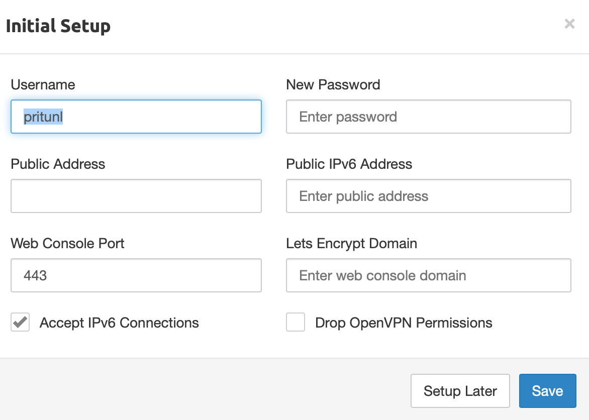 Initial Setup Panel